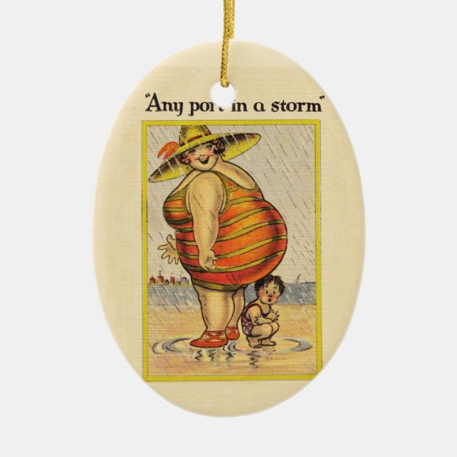 Funny Fat Lady on Beach Ceramic Tree Decoration (Front)