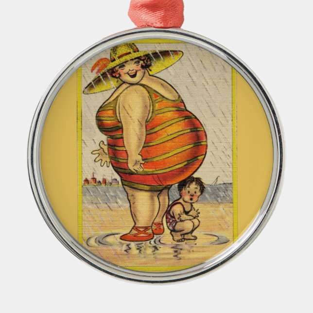 Funny Fat Lady on Beach Metal Tree Decoration (Front)