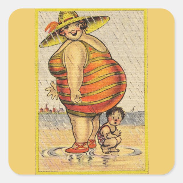 Funny Fat Lady on Beach Square Sticker (Front)