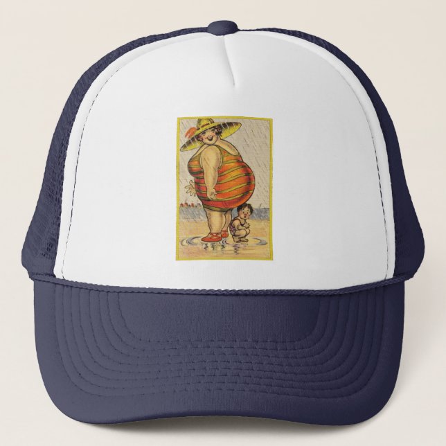Funny Fat Lady on Beach Trucker Hat (Front)