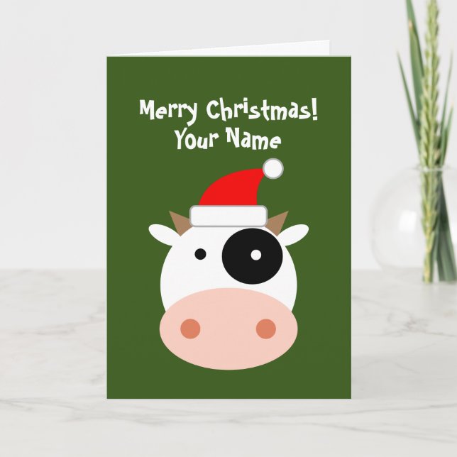 Funny fat Santa cow cartoon Christmas card (Front)