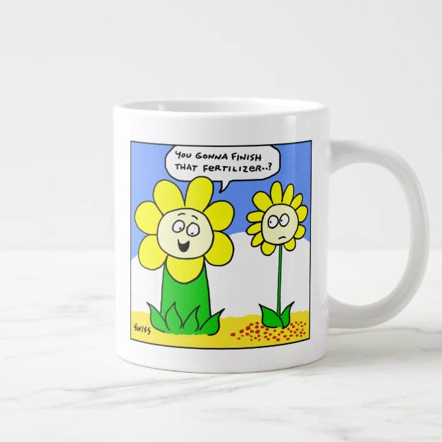 Funny Fat Yellow Flower on Diet Cartoon Gardener Large Coffee Mug (Right)