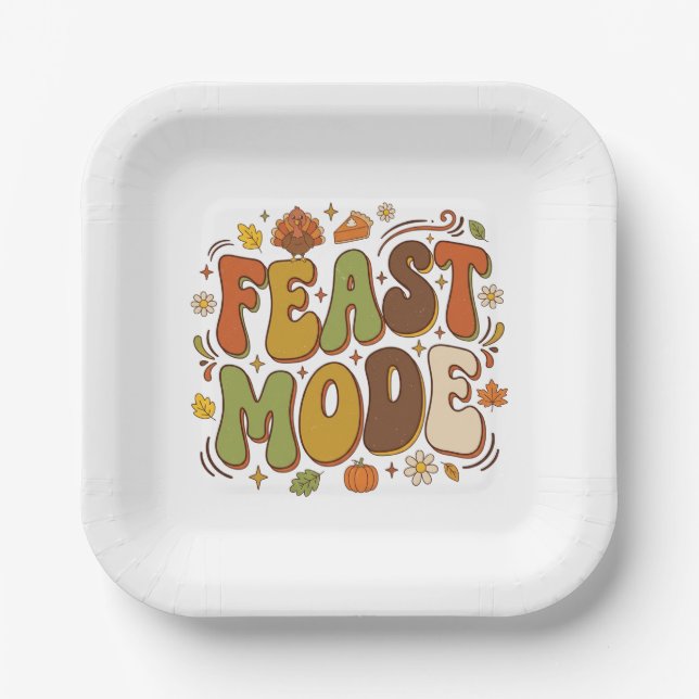Funny Feast Mode Retro Thanksgiving Paper Plate (Front)