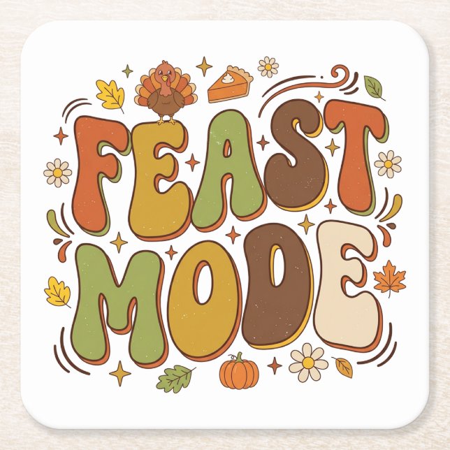 Funny Feast Mode Retro Thanksgiving Square Paper Coaster (Front)