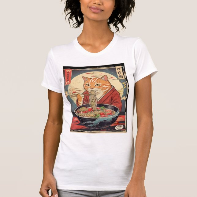  Funny Feline Eating  Ramen Japanese Ukiyo-e Style T-Shirt (Front)