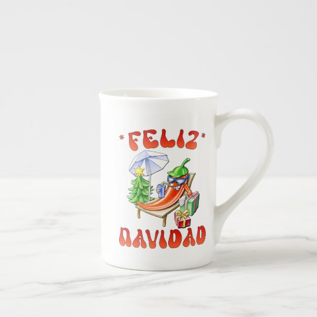 Funny Feliz Navidad Cute Christmas Chilli Bone China Mug (Right)