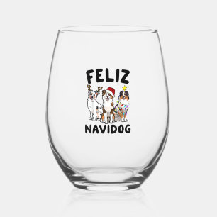 Funny Feliz Navidog Australian Shepherd dog lover Stemless Wine Glass