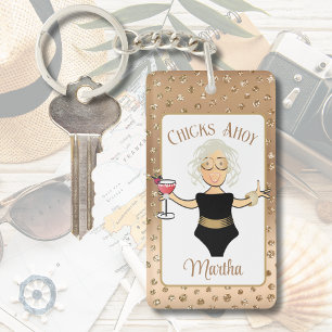 Funny Female Cartoon Grey Hair Cruise Tropical Key Ring