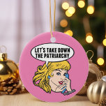 Funny Feminist Pop Art Anti Patriarchy Quote Pink Glass Tree Decoration<br><div class="desc">Let's Take Down the Patriarchy pink Christmas ornament. Cute retro pop art feminism gift for a strong pro choice woman voting for female leadership in our country. Stand up for women's rights and female empowerment with this cool political humour cartoon that features a pretty blonde leader planning a women's march...</div>