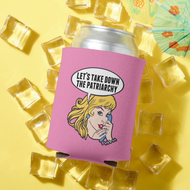 Funny Feminist Pop Art Anti Patriarchy Retro Pink Can Cooler (In Situ Summer)