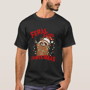 Funny Feral Girl Christmas Racoon Christmas Lights T-Shirt