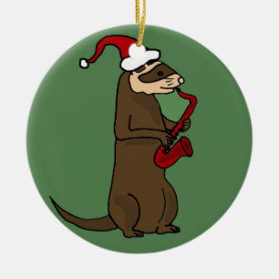 Funny Ferret Playing Saxophone Christmas Art Ceramic Tree Decoration