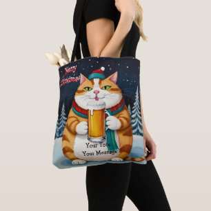 Funny Festive Christmas cat with beer glass Tote Bag