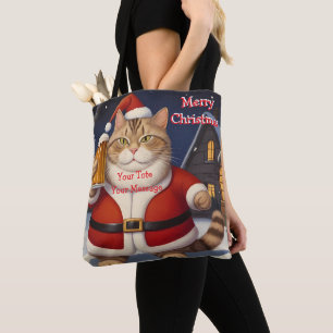 Funny Festive Christmas cat with beer glass Tote Bag