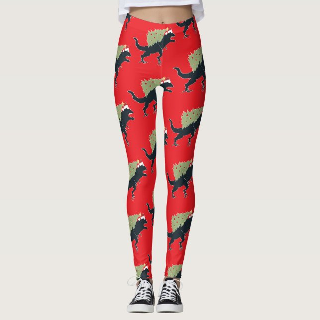 Funny Festive Dino Christmas Leggings (Front)