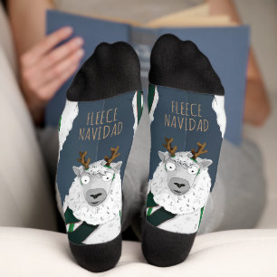 Funny Festive “Fleece Navidad” Blue Grey Sheep Socks
