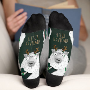 Funny Festive “Fleece Navidad” Sheep on Dark Green Socks