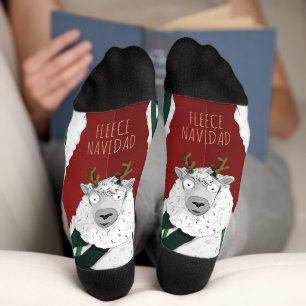 Funny Festive “Fleece Navidad” Sheep on Red Socks