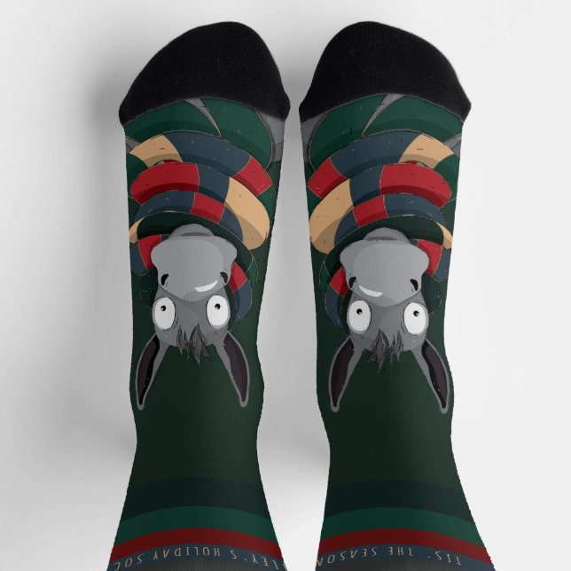 Funny Festive Fun Winter Donkey Cartoon Green  Socks (Top)