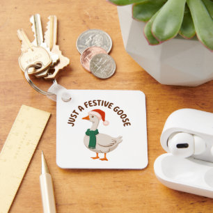 Funny Festive Goose Santa Hat Cozy Holiday Key Ring