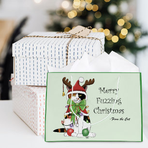 Funny Festive Green Calico Christmas Cat Large Gift Bag