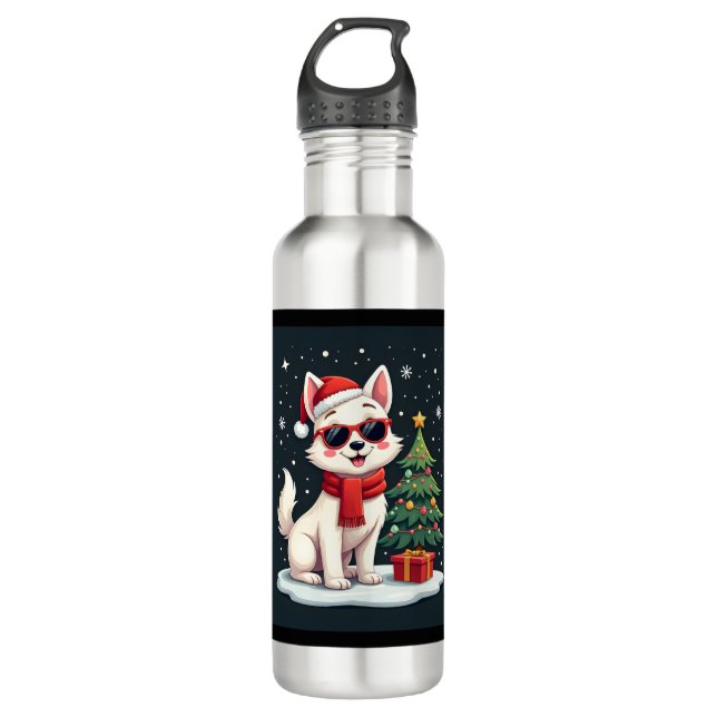 Funny Festive Sunglasses Dog with Christmas Tree C 710 Ml Water Bottle (Front)