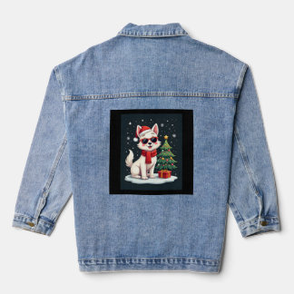 Funny Festive Sunglasses Dog with Christmas Tree C Denim Jacket