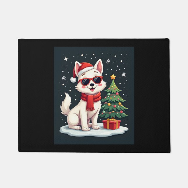 Funny Festive Sunglasses Dog with Christmas Tree C Doormat (Front)