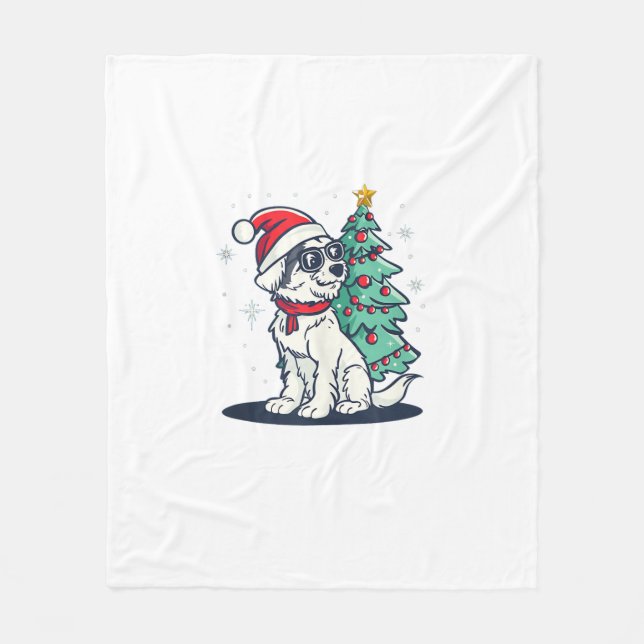 Funny Festive Sunglasses Dog with Christmas Tree C Fleece Blanket (Front)