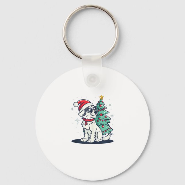 Funny Festive Sunglasses Dog with Christmas Tree C Key Ring (Front)
