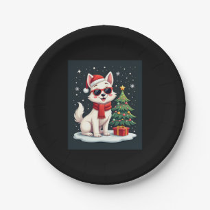Funny Festive Sunglasses Dog with Christmas Tree C Paper Plate