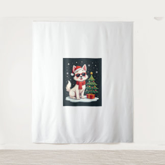 Funny Festive Sunglasses Dog with Christmas Tree C Tapestry