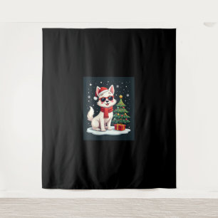 Funny Festive Sunglasses Dog with Christmas Tree C Tapestry