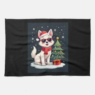 Funny Festive Sunglasses Dog with Christmas Tree C Tea Towel
