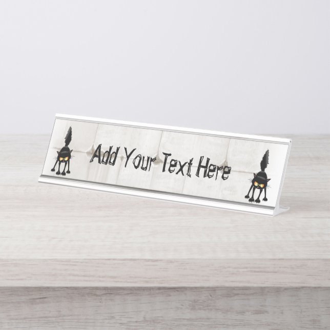 Funny Fierce Black Cat Cartoon  Desk Name Plate (Front)