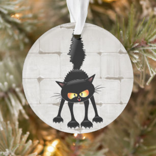 Funny Fierce Black Cat Cartoon  Ornament