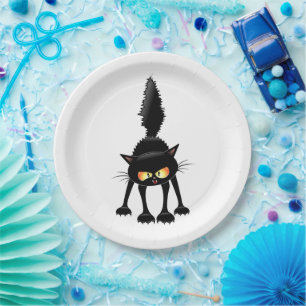 Funny Fierce Black Cat Cartoon Paper Plate