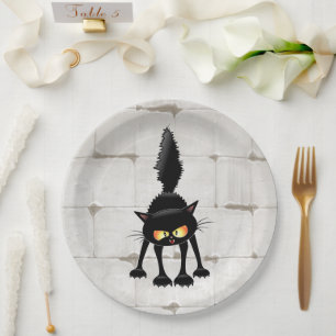 Funny Fierce Black Cat Cartoon Paper Plate