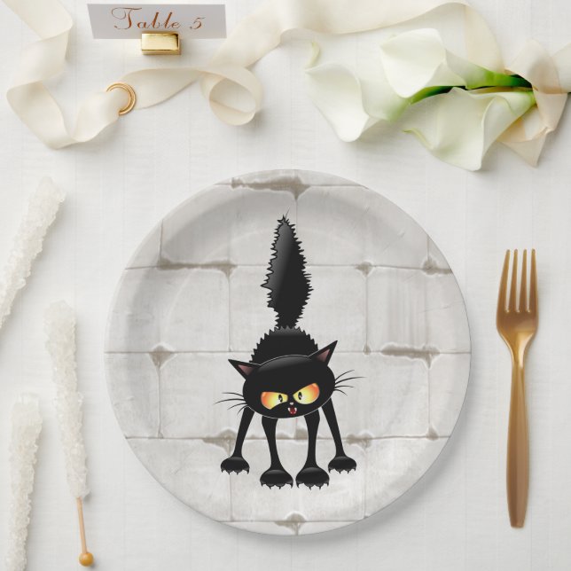 Funny Fierce Black Cat Cartoon  Paper Plate (Wedding)