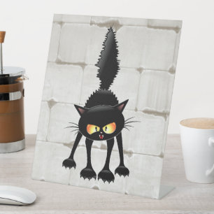 Funny Fierce Black Cat Cartoon Pedestal Sign