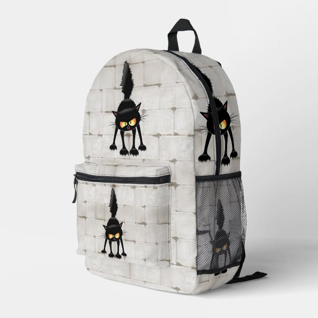 Funny Fierce Black Cat Cartoon  Printed Backpack (Back Corner Right)