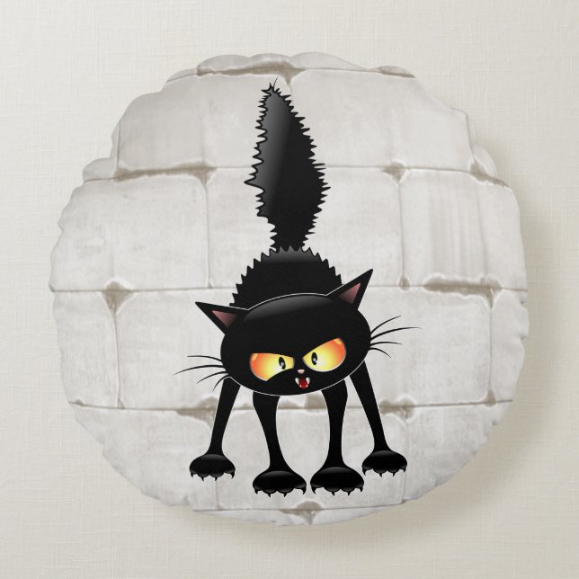 Funny Fierce Black Cat Cartoon  Round Cushion (Front)
