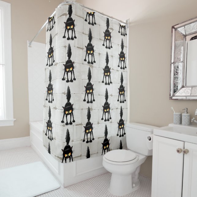 Funny Fierce Black Cat Cartoon  Shower Curtain (In Situ)