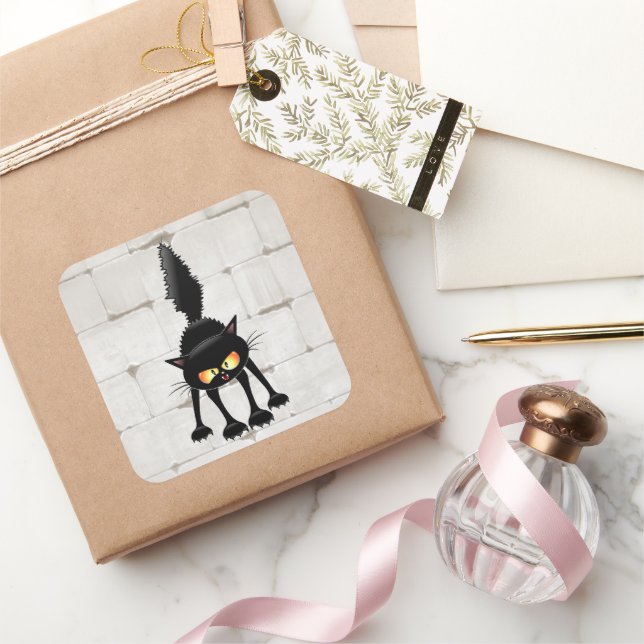 Funny Fierce Black Cat Cartoon  Square Sticker (Gifting)