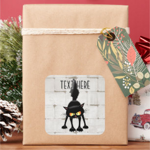 Funny Fierce Black Cat Cartoon  Square Sticker