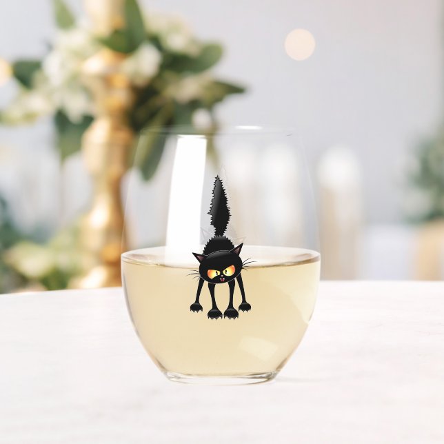 Funny Fierce Black Cat Cartoon  Stemless Wine Glass (Insitu (Wedding))