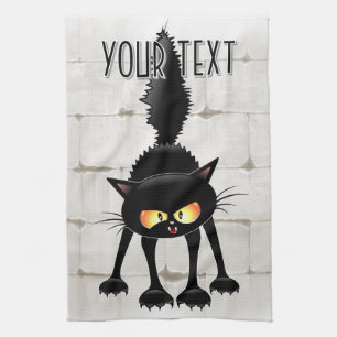 Funny Fierce Black Cat Cartoon  Tea Towel