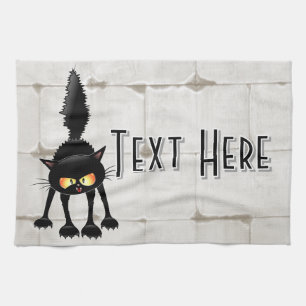 Funny Fierce Black Cat Cartoon  Tea Towel