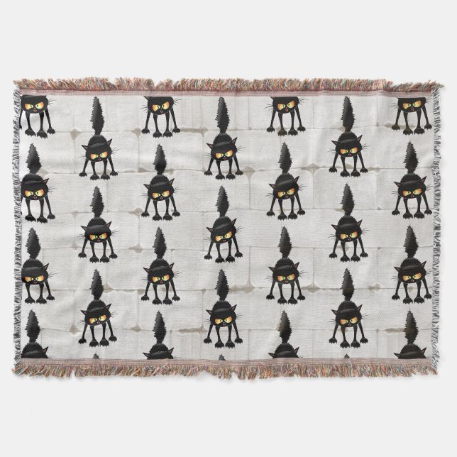 Funny Fierce Black Cat Cartoon  Throw Blanket (Front)