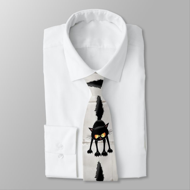 Funny Fierce Black Cat Cartoon  Tie (Tied)